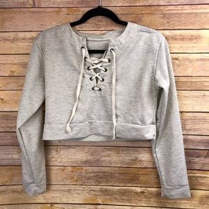 Choies Grey Long Sleeve Lace Up Crop Top